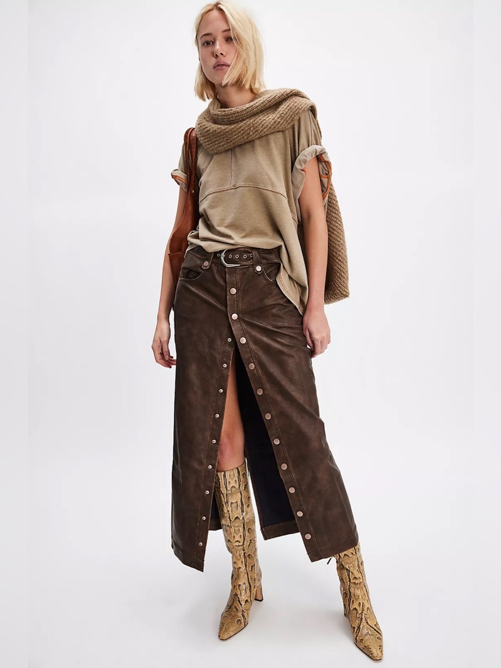 Free People We The Free Astoria snapfront vegan leather brown Maxi Skirt size 10